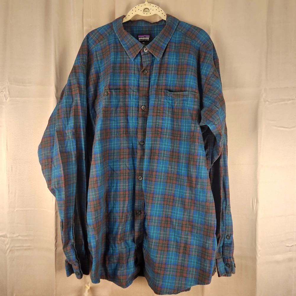Patagonia Mens Blue Plaid Pima Cotton Long Sleeve Button Down Shirt‎ XXL